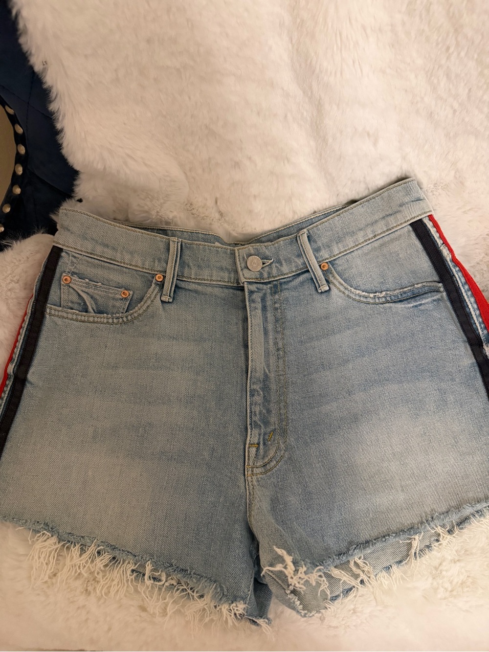 MOTHER Light Blue Denim Shorts with Red & Black Side Stripe